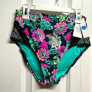 Time & Tru Teal Multi Color Floral Print Cross Back High Waist Bikini Bottom NWT